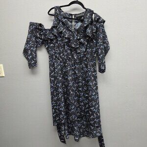 Lane Bryant Dress Womens 16P Black Floral Ruffle Cold Shoulder Belted Midi